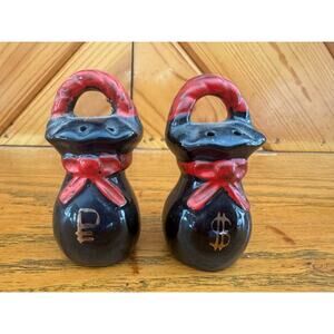 Vintage Japan Money Bag Salt & Pepper Shakers Black Red Dollar Sign Set